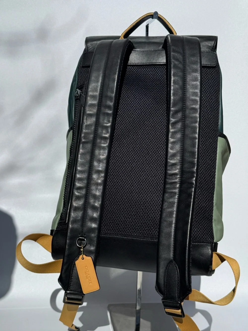 Coach Unisex Coach Track Leather Backpack Green, Black and goldenrod. - Picture 2 of 9